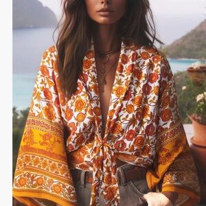 Bohemian Kimono Boho Bikini Cover-ups Floral Print Orange Women's Top